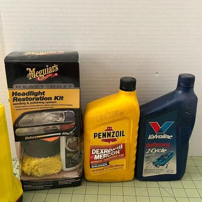 Various Car Oils and Fi=unnels - Pennzoil, Funnel King Flex-O-Spout Red Flexible, Funnel, Headlight, Valvoline Oil
