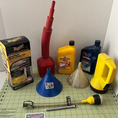 Various Car Oils and Fi=unnels - Pennzoil, Funnel King Flex-O-Spout Red Flexible, Funnel, Headlight, Valvoline Oil