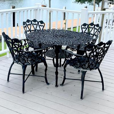Black Floral Cast Aluminum Outdoor Five (5) Piece Table Set