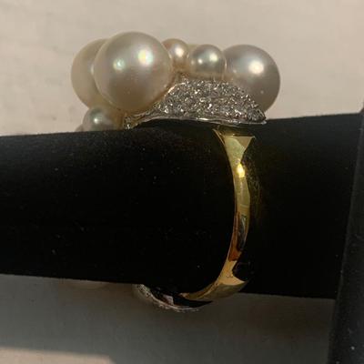 Large 18k Gold Pearl & Diamond Cluster Estate Ring