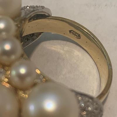 Large 18k Gold Pearl & Diamond Cluster Estate Ring