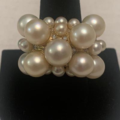 Large 18k Gold Pearl & Diamond Cluster Estate Ring
