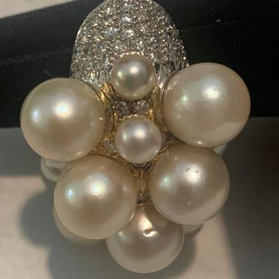 Large 18k Gold Pearl & Diamond Cluster Estate Ring