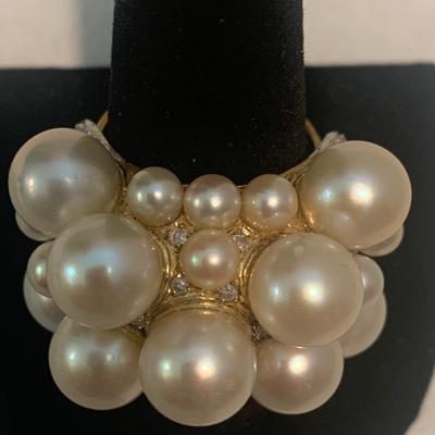 Large 18k Gold Pearl & Diamond Cluster Estate Ring