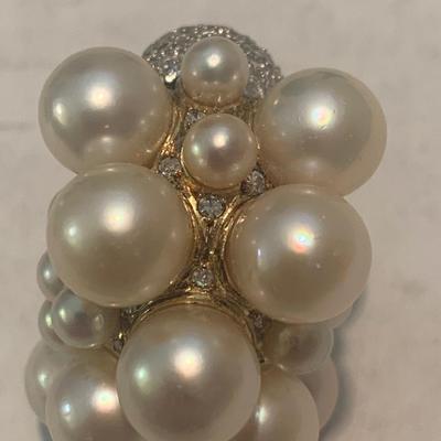 Large 18k Gold Pearl & Diamond Cluster Estate Ring