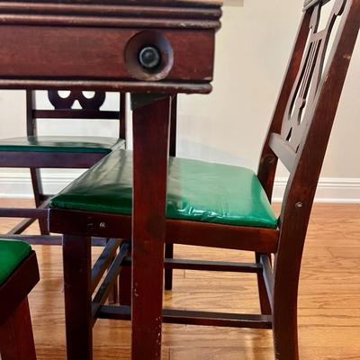 Wood Lyre Harp Table and 4 Folding Chairs With Round Table Topper
