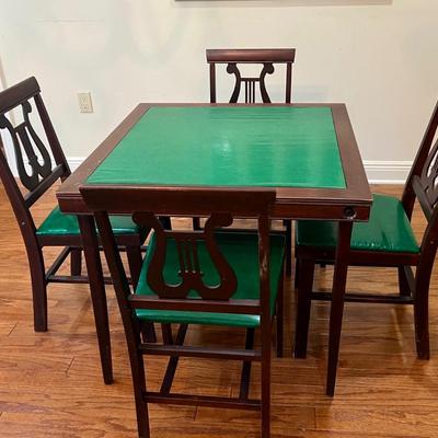 Wood Lyre Harp Table and 4 Folding Chairs With Round Table Topper
