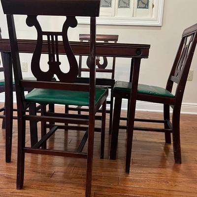 Wood Lyre Harp Table and 4 Folding Chairs With Round Table Topper