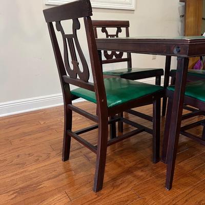 Wood Lyre Harp Table and 4 Folding Chairs With Round Table Topper