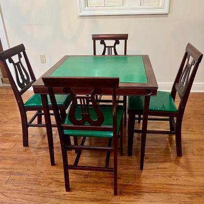 Wood Lyre Harp Table and 4 Folding Chairs With Round Table Topper