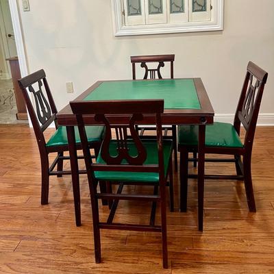 Wood Lyre Harp Table and 4 Folding Chairs With Round Table Topper