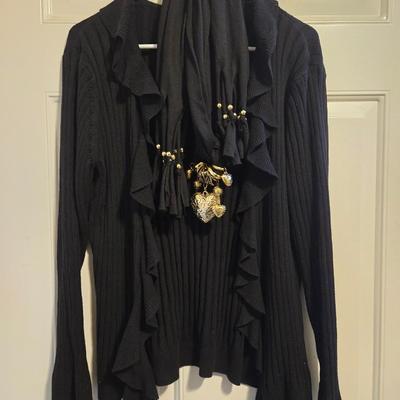 Black Ruffle Sweater & Black Fringe Scarf with Gold Bead Accents