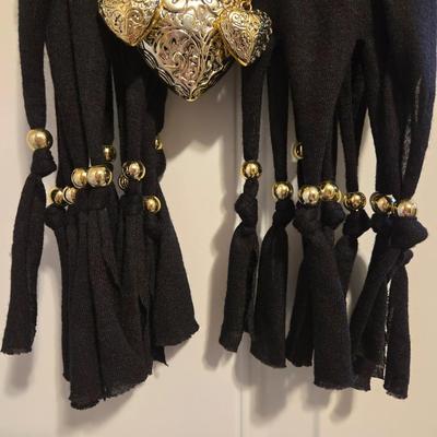 Black Ruffle Sweater & Black Fringe Scarf with Gold Bead Accents