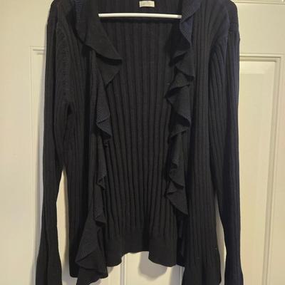 Black Ruffle Sweater & Black Fringe Scarf with Gold Bead Accents