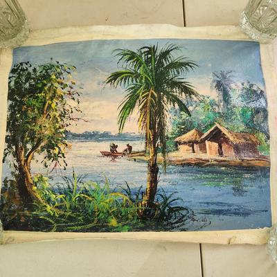 African Oil on Canvas Painting Signed 17x12
