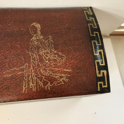 Vintage Hand painted on Leather Asian Pillow Box 21x7x7