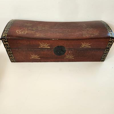 Vintage Hand painted on Leather Asian Pillow Box 21x7x7