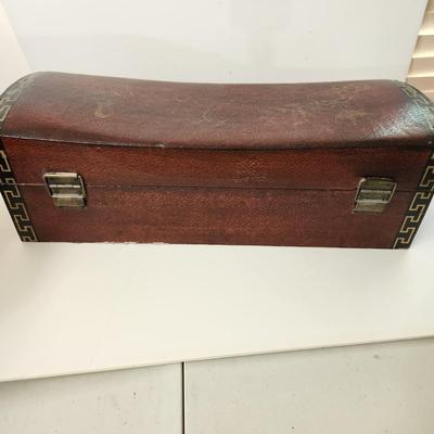 Vintage Hand painted on Leather Asian Pillow Box 21x7x7