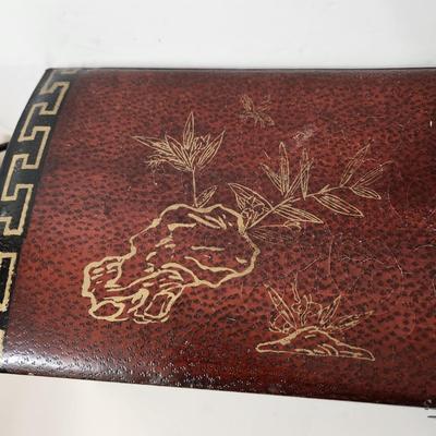 Vintage Hand painted on Leather Asian Pillow Box 21x7x7