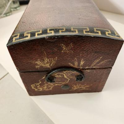 Vintage Hand painted on Leather Asian Pillow Box 21x7x7