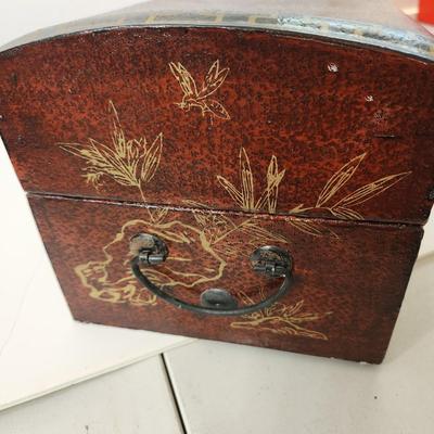 Vintage Hand painted on Leather Asian Pillow Box 21x7x7