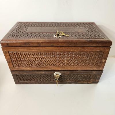 Vintage Heavy Asian Wooden Jewelry Box with Locks & Keys Shanghai China