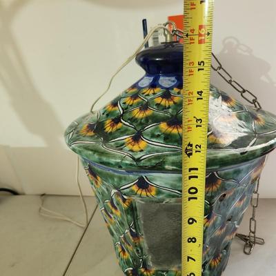 Vintage Hand Painted Ceramic & Glass Hanging Lamp