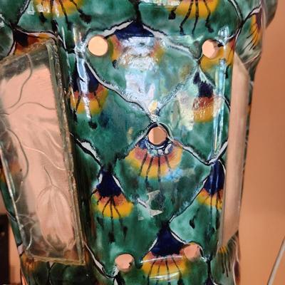 Vintage Hand Painted Ceramic & Glass Hanging Lamp