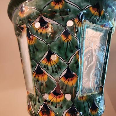 Vintage Hand Painted Ceramic & Glass Hanging Lamp