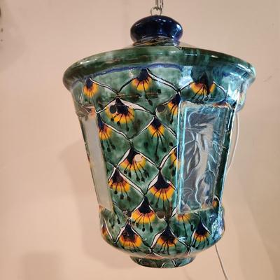 Vintage Hand Painted Ceramic & Glass Hanging Lamp