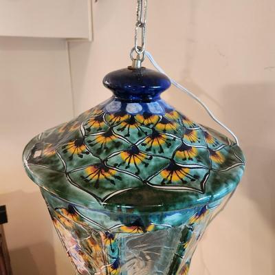 Vintage Hand Painted Ceramic & Glass Hanging Lamp