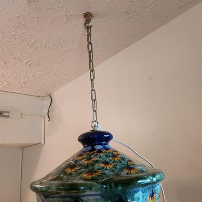 Vintage Hand Painted Ceramic & Glass Hanging Lamp