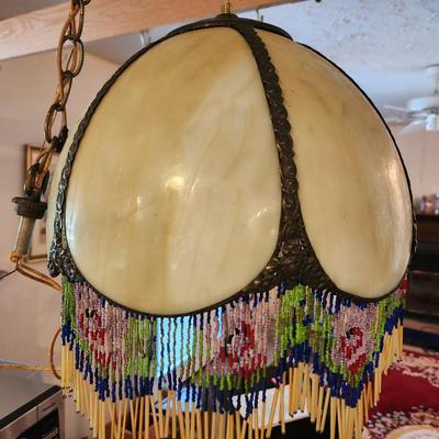Vintage Victorian Slag Stained Glass Hanging Light Shade 6 Sided