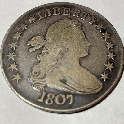 PROBLEM FREE 1807 SOLID FINE CONDITION DRAPED BUST HALF DOLLAR TYPE COIN VERY LOW MINTAGE. SATISFACTION GUARANTEED.