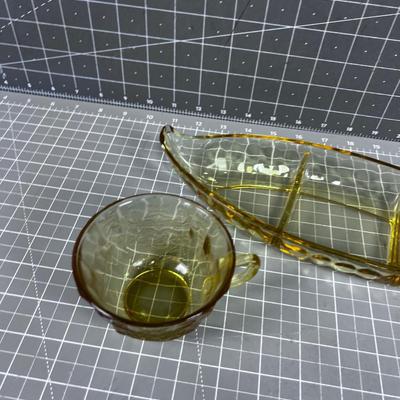 Amberware Divided Serving (some call it a relish tray) and a Cup