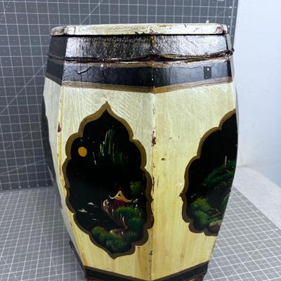 UNIQUE Asian Drum Shape Box Table Hand Painted INTERESTING~ 