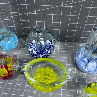 Hand Blown GLASS Paperweight Collection Plus Ashtray and Bud Vase