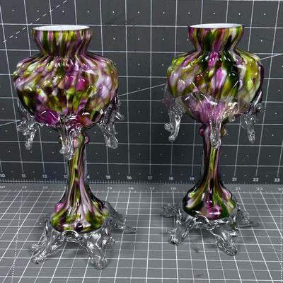 2 Hand Blown Cased Glass Candle Sticks or Bud Vase, GORGEOUS ! 