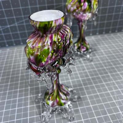 2 Hand Blown Cased Glass Candle Sticks or Bud Vase, GORGEOUS ! 
