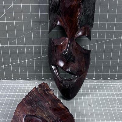 Pair of Carved Wood Faces SUPER COOL! 