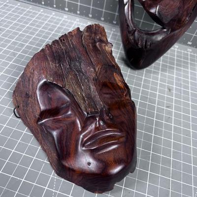Pair of Carved Wood Faces SUPER COOL! 