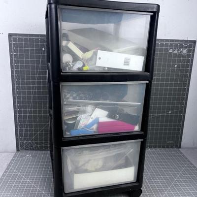 Large lot of Crafting and Sewing in a 3 Drawer Plastic Rolling Bin