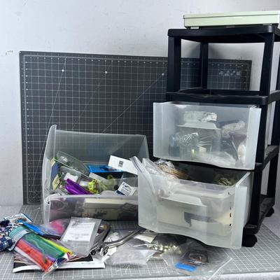Large lot of Crafting and Sewing in a 3 Drawer Plastic Rolling Bin