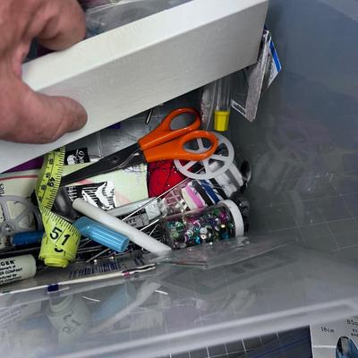Large lot of Crafting and Sewing in a 3 Drawer Plastic Rolling Bin