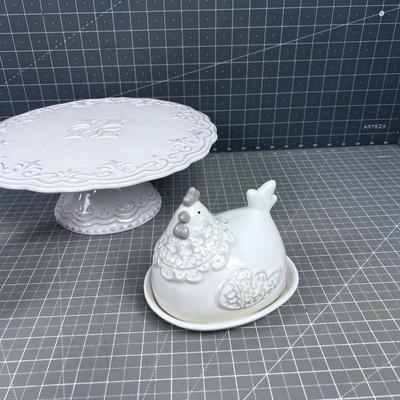 3 Piece Darling Serving: Cake Plate, Creamer and Rooster Butter Dish