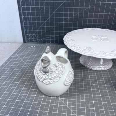 3 Piece Darling Serving: Cake Plate, Creamer and Rooster Butter Dish