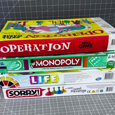 4  FAMILY Games; Sorry, Life, Monopoly and Operation 
