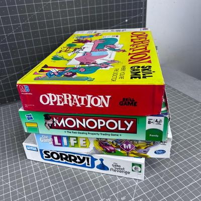 4  FAMILY Games; Sorry, Life, Monopoly and Operation 