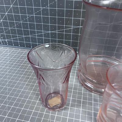 Pink Depression Glass: Pitcher, 3 glasses tumblers