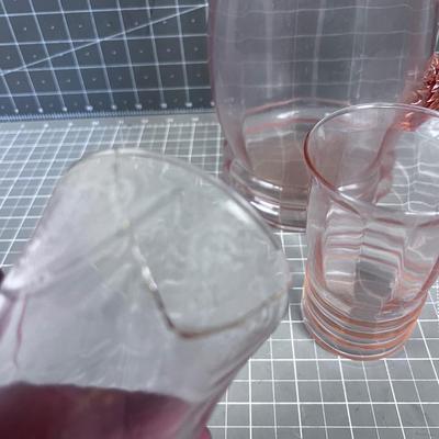 Pink Depression Glass: Pitcher, 3 glasses tumblers